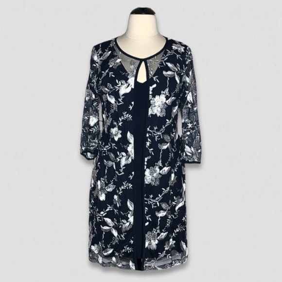 Connected Apparel Dress Floral Embroidered Mesh Jacket Navy White 12 - Picture 1 of 12